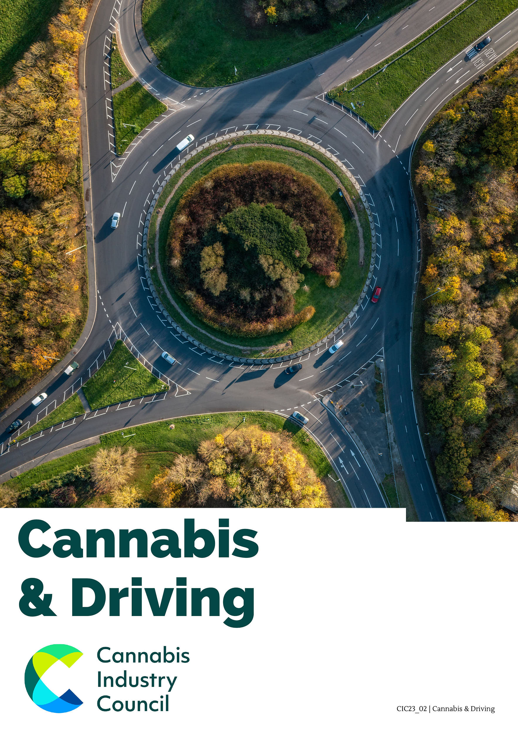 The cover image for an article; showing the article name 'Cannabis & Driving' with a photo of a birdseye view of a roundabout surrounded by lush greenery.