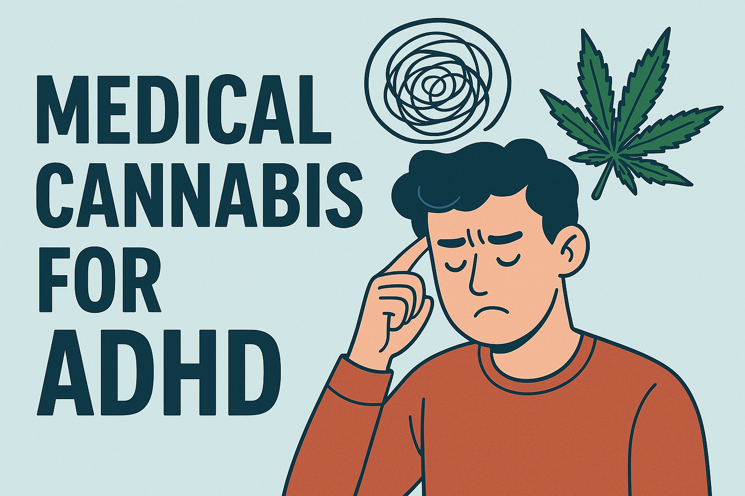Cartoon illustration depicting the benefits of medical cannabis for ADHD treatment.