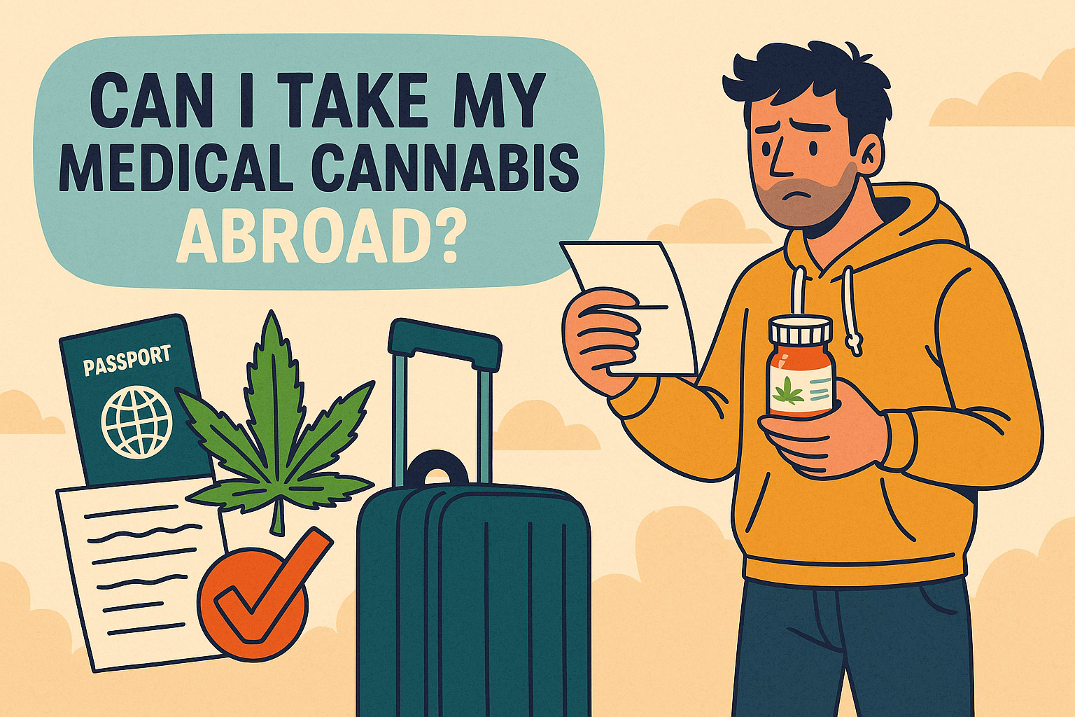 Illustration showing a traveler holding medical cannabis, with a globe and various country landmarks in the background, symbolising international travel with medical cannabis. The image represents the topic of traveling abroad with legal cannabis prescriptions, focusing on the regulations and necessary documentation.