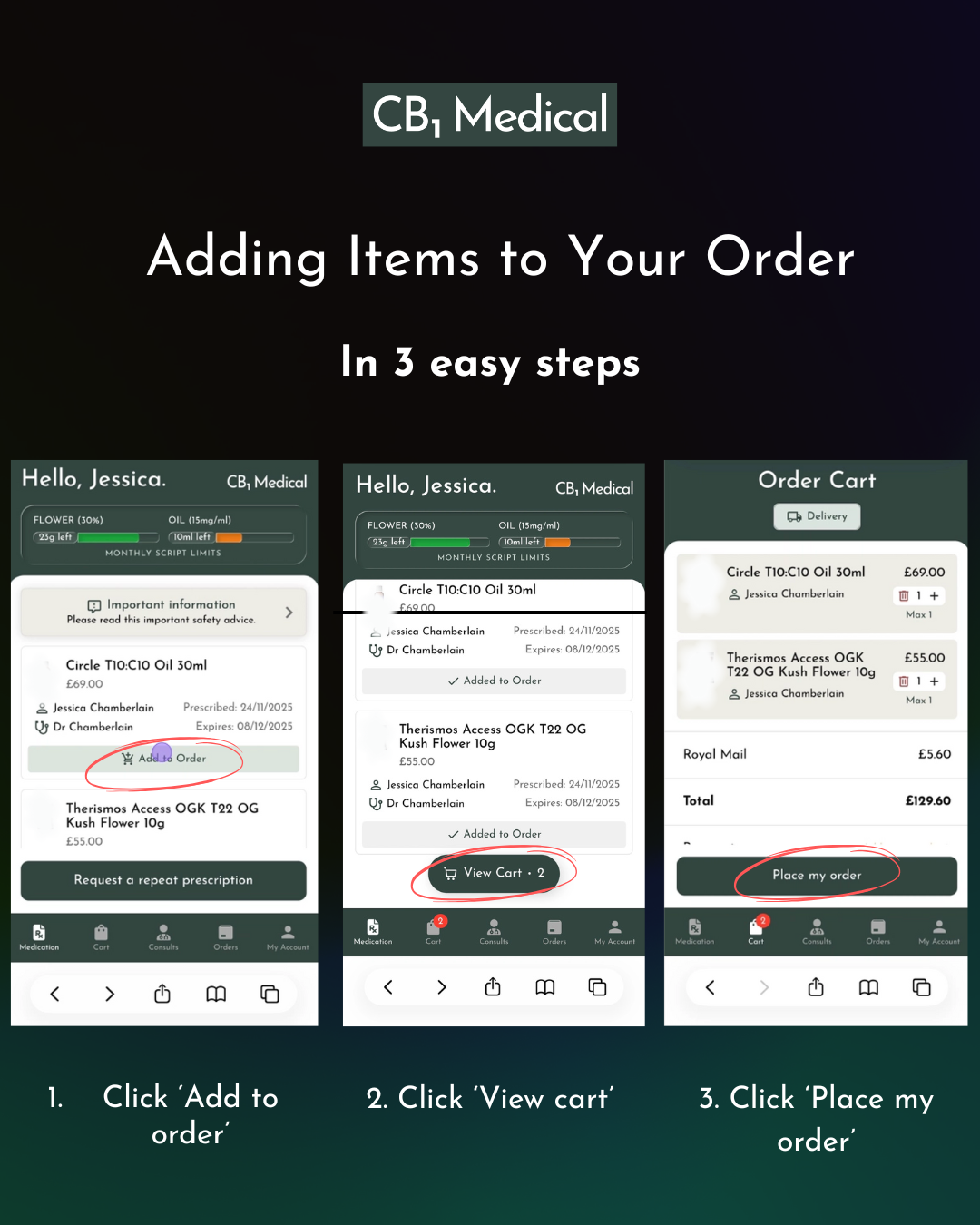 Adding items to your oder in the CB1 patient portal
